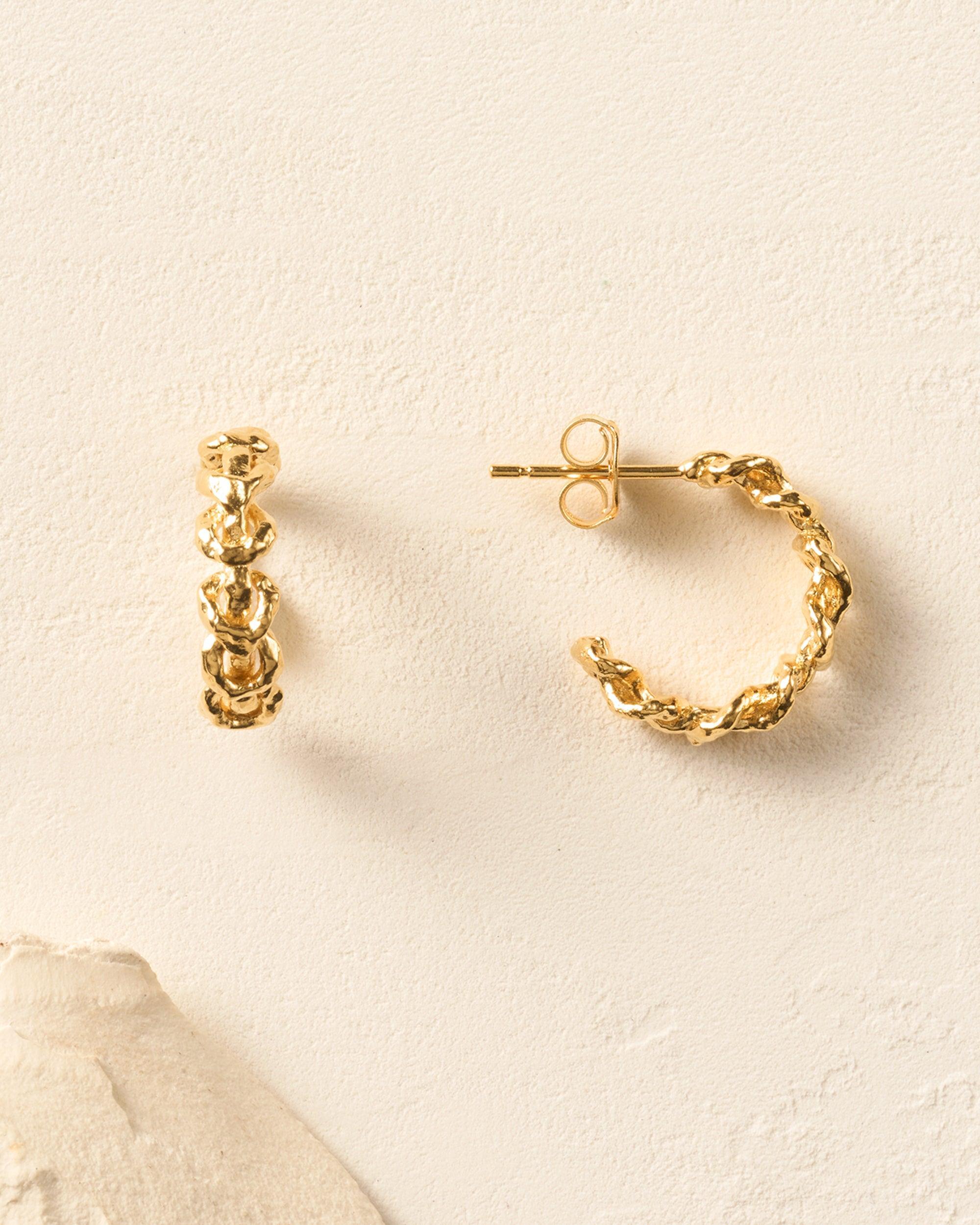 Gold Nodi Hoop Earrings with hammered, twisted rope reef knot design.