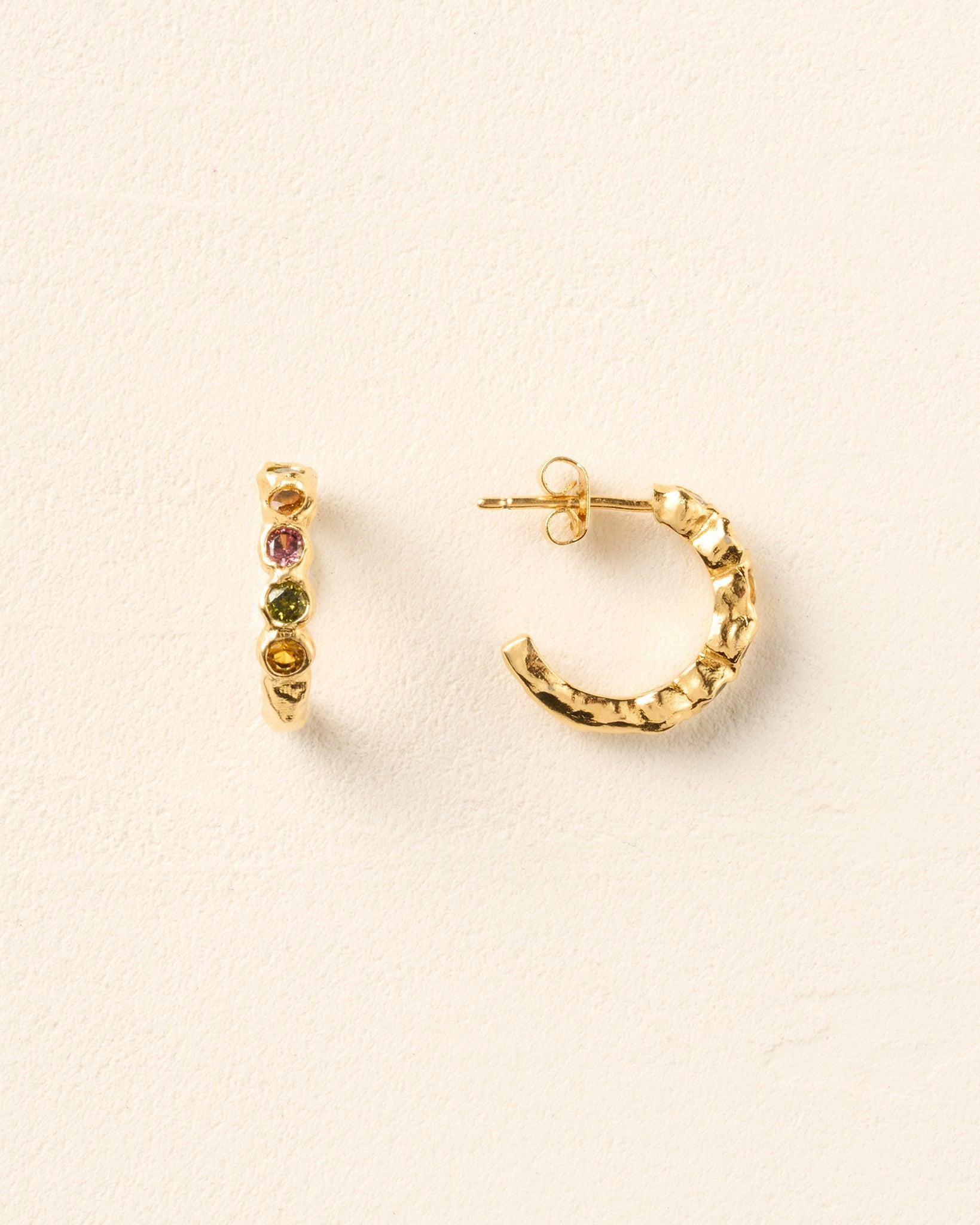 Frutina mini gold hoop earrings with alternating rosewood, golden yellow, and dark green beaded stones.