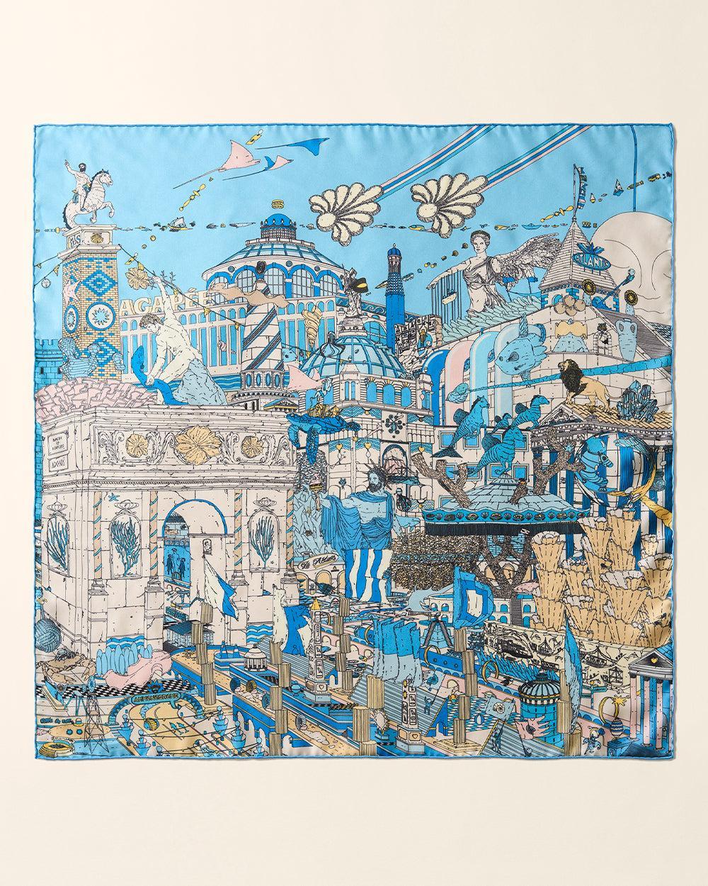 Light blue silk scarf with intricate Atlantis journey illustration, featuring corals, columns, and jewelry.