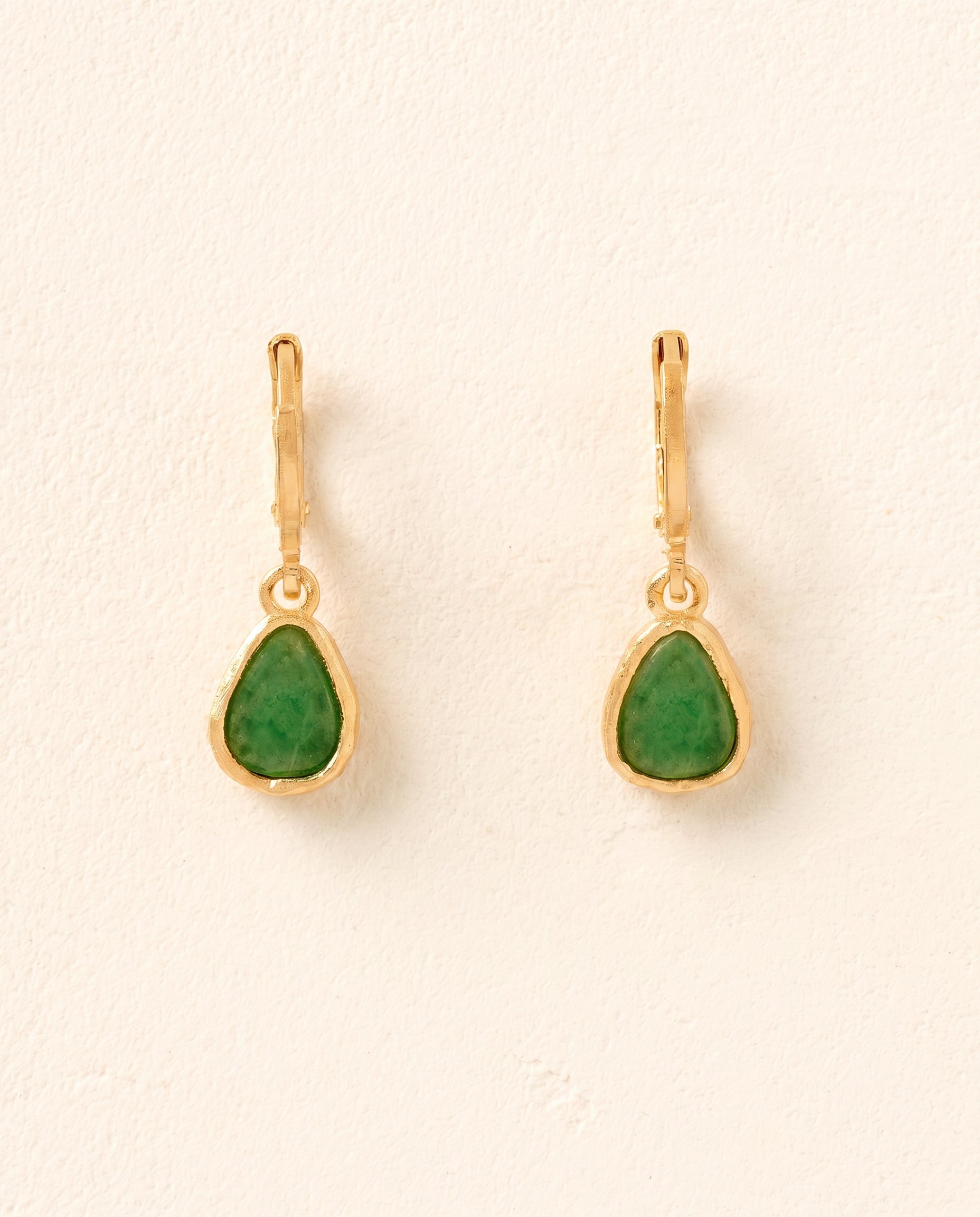 Elara gold-toned earrings with teardrop-shaped green aventurine stones.