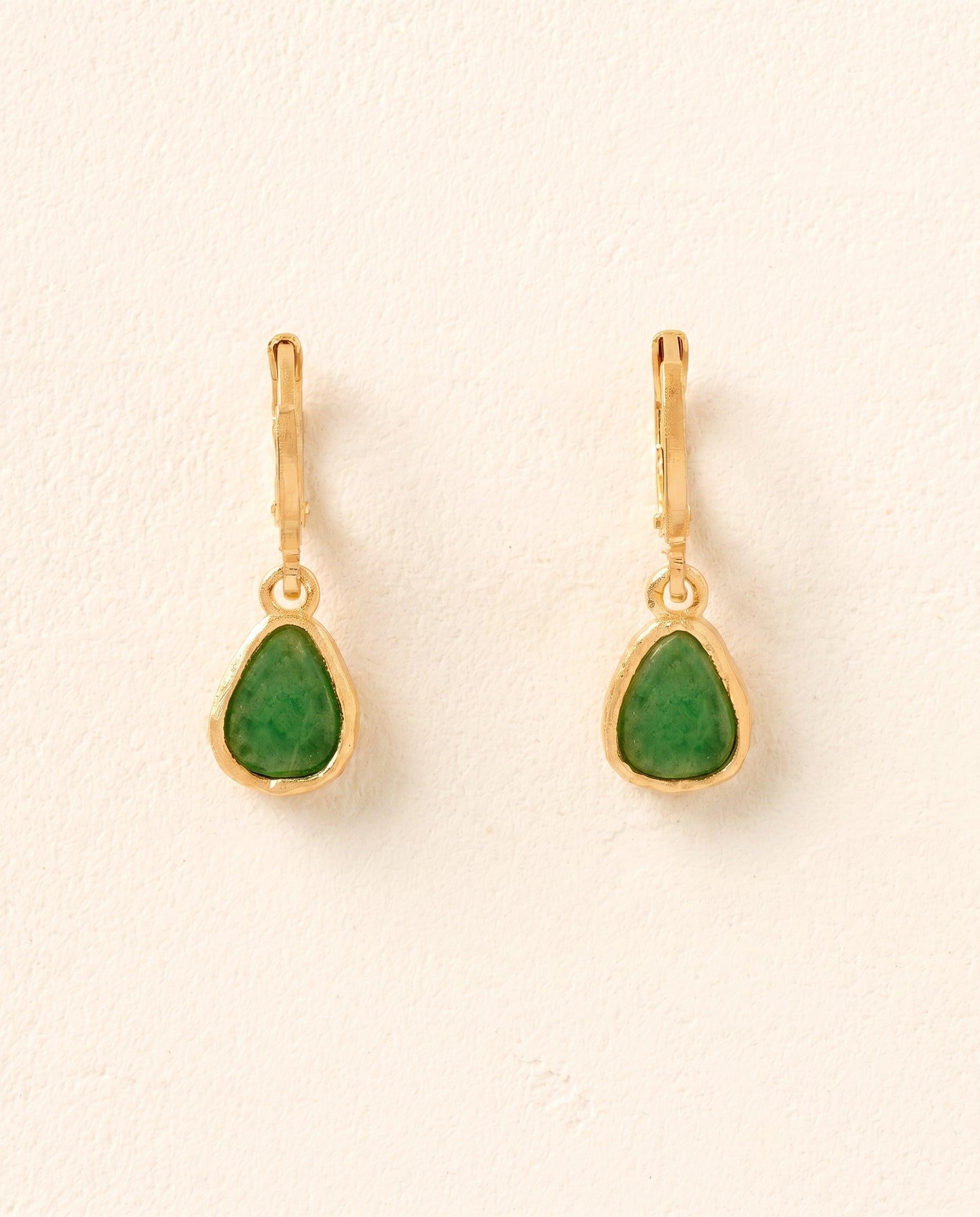 Elara gold-toned earrings with teardrop-shaped green aventurine stones.