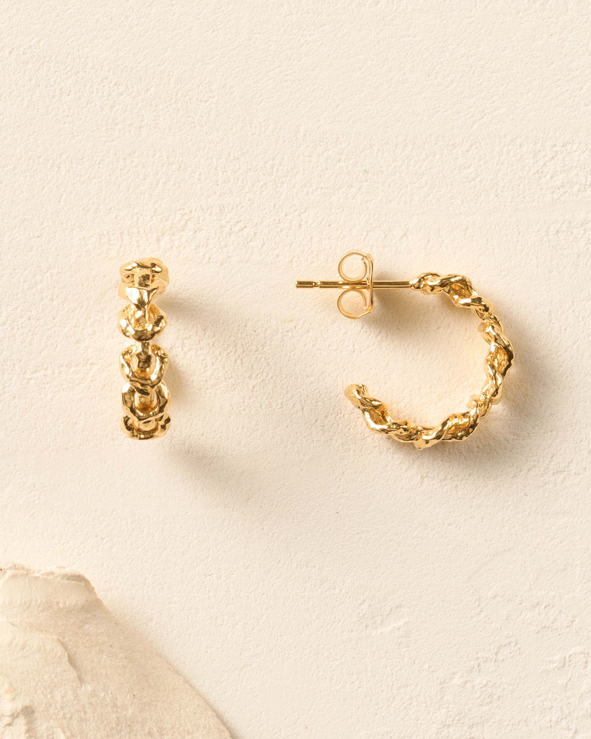 Gold Nodi Hoop Earrings with hammered, twisted rope reef knot design.