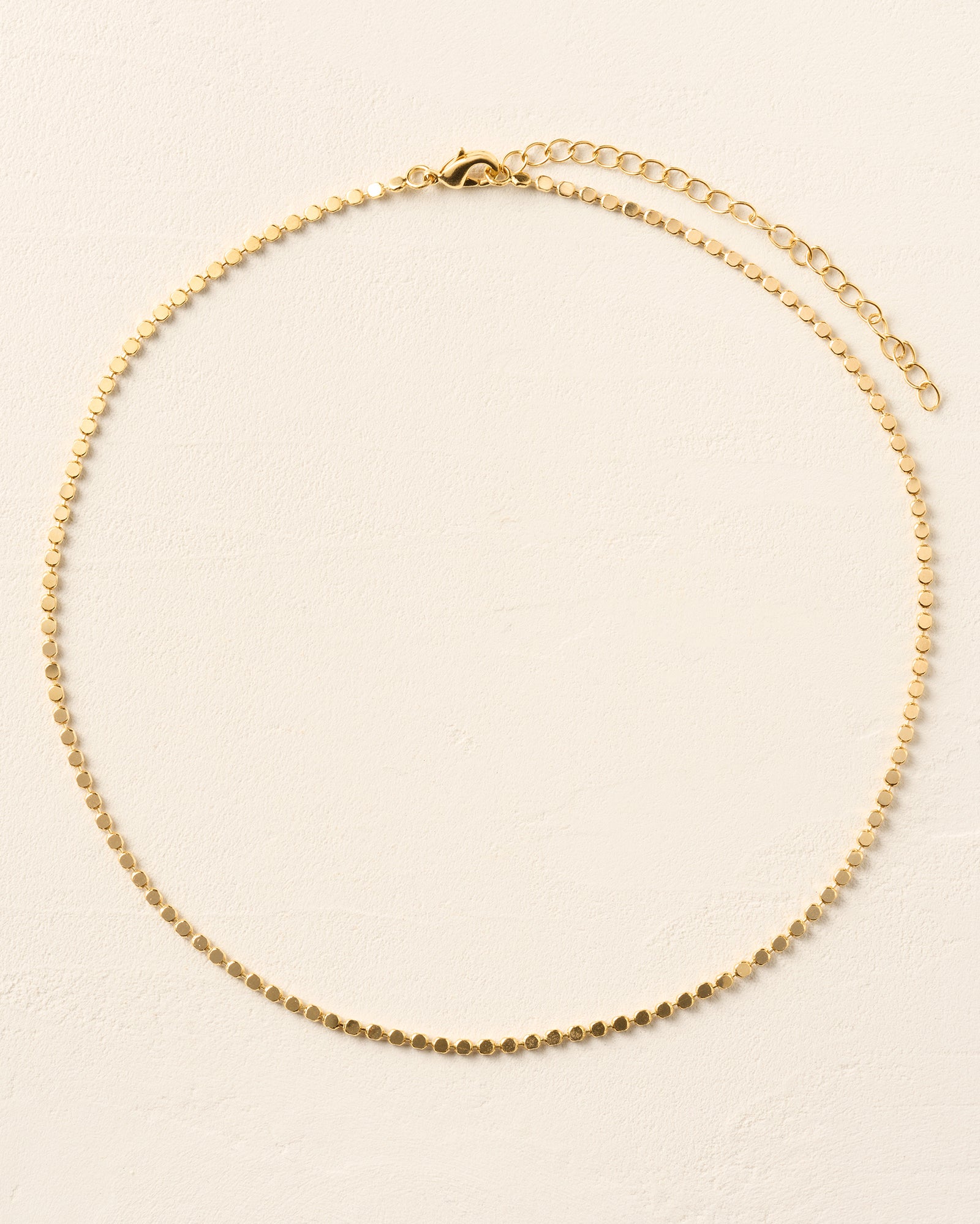 Delicate gold Anatole Choker with small, flat, round links and an adjustable clasp.