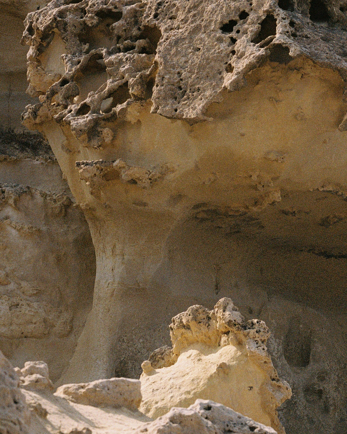 Formazioni di arenaria erosa dalle superfici porose e testurizzate, in caldi toni beige terrosi, alla luce naturale.