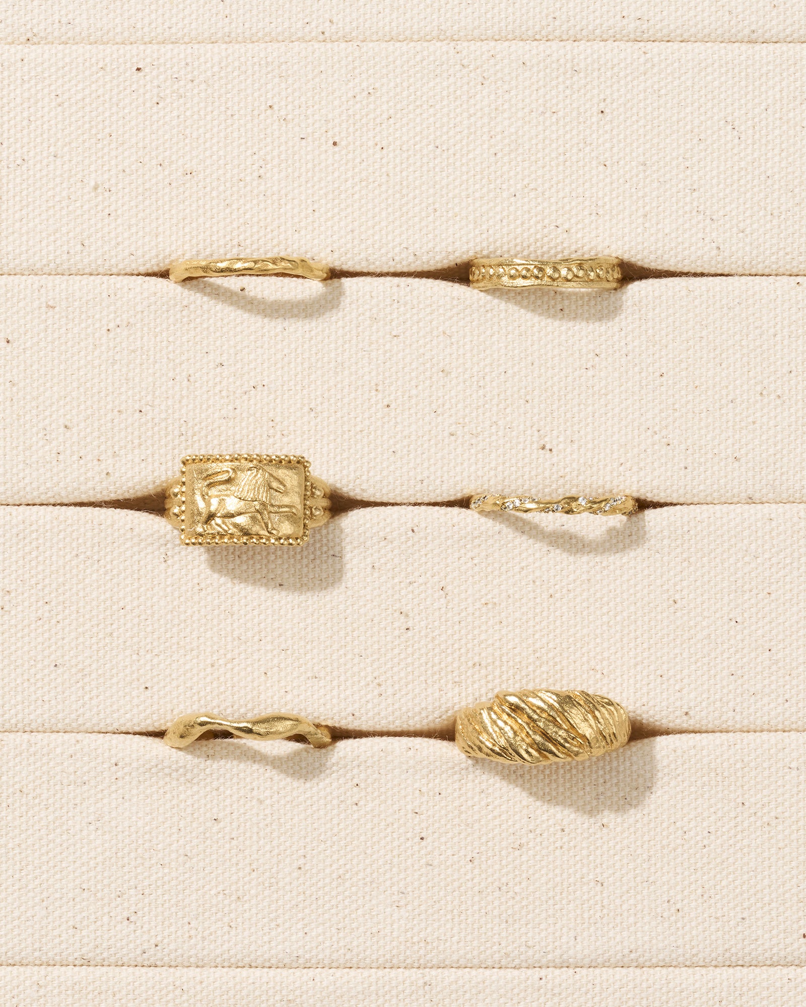 Gold Arielle ring with lion motif, surrounded by five other unique gold rings on a cream fabric display.